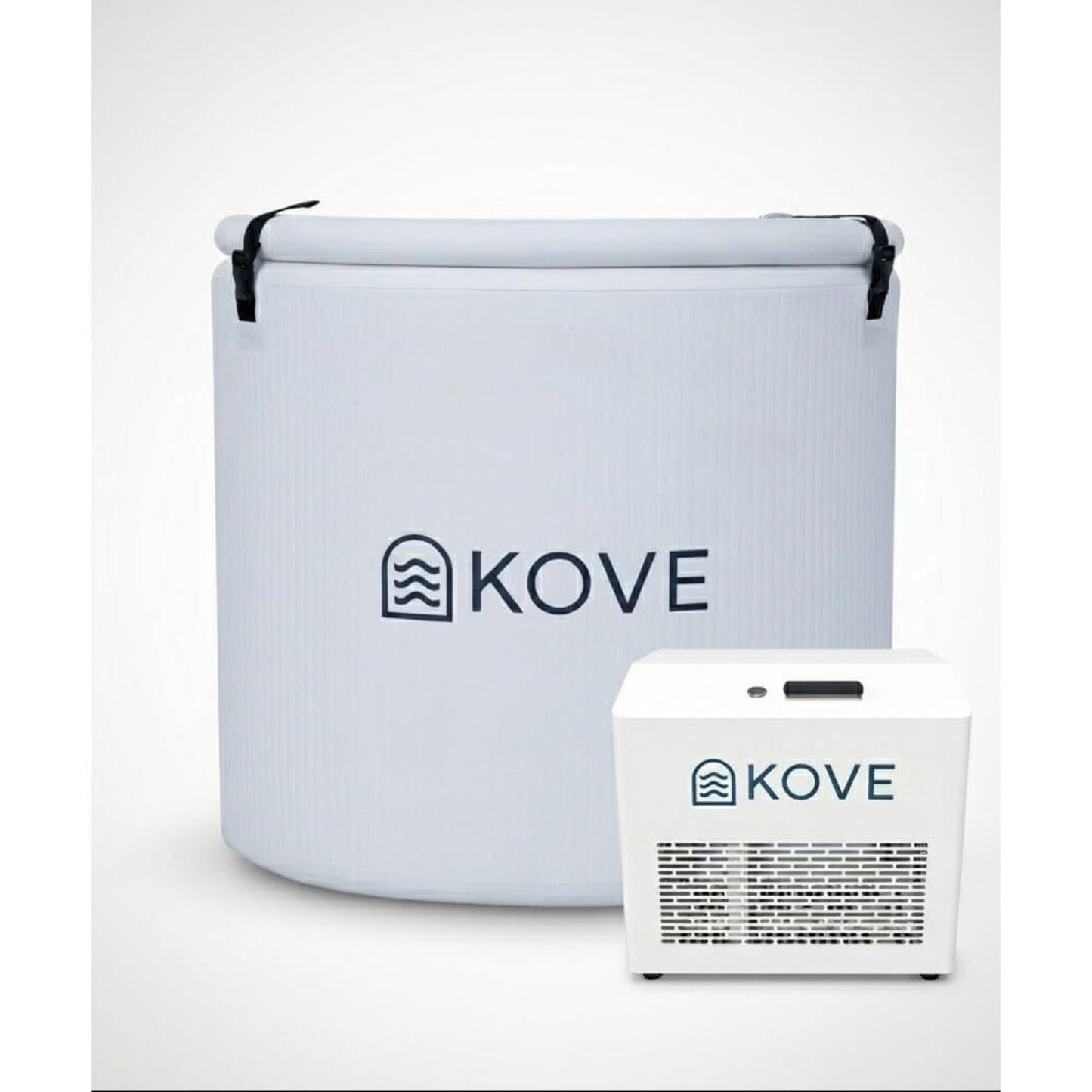 Inflatable white ice bath and chiller with Kove branding on white background