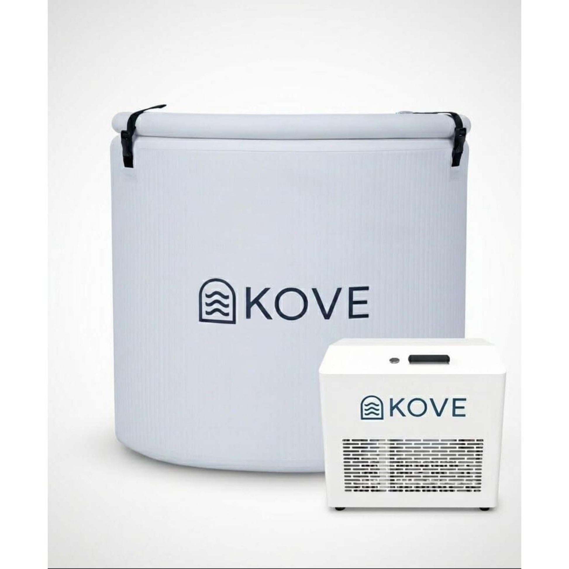 Inflatable white ice bath and chiller with Kove branding on white background