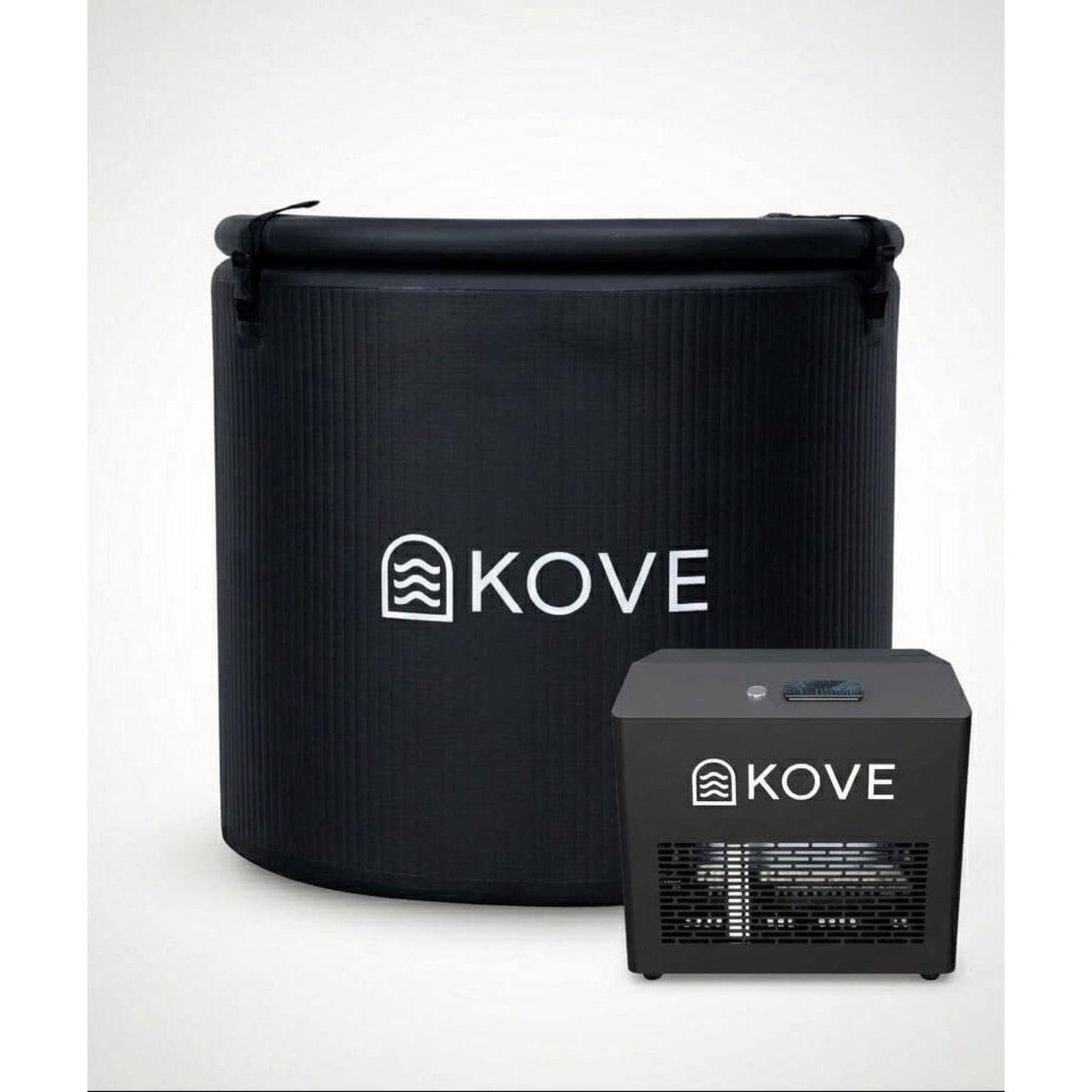 Inflatable black ice bath and chiller with Kove branding on white background