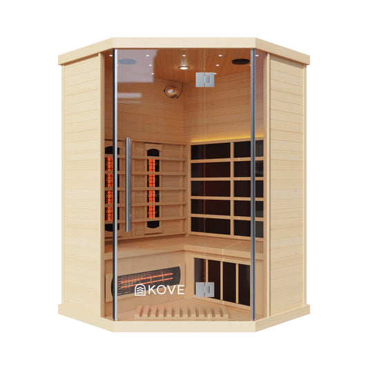 Infrared sauna with wooden interior and glass door, featuring the Kove brand.