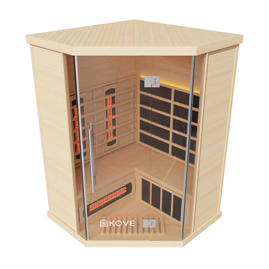 Kove infrared sauna with wooden interior and visible heating elements on a white background