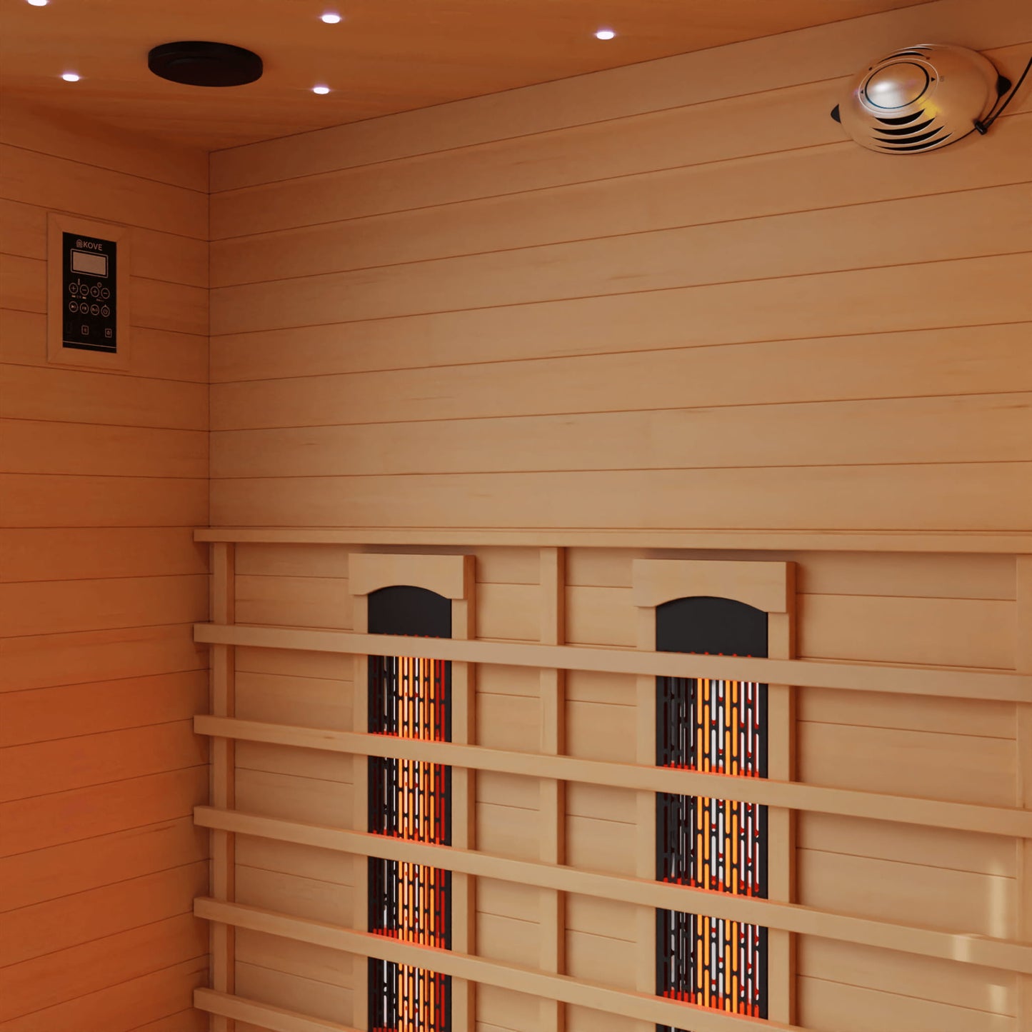 Infrared sauna with wooden interior and heating elements.