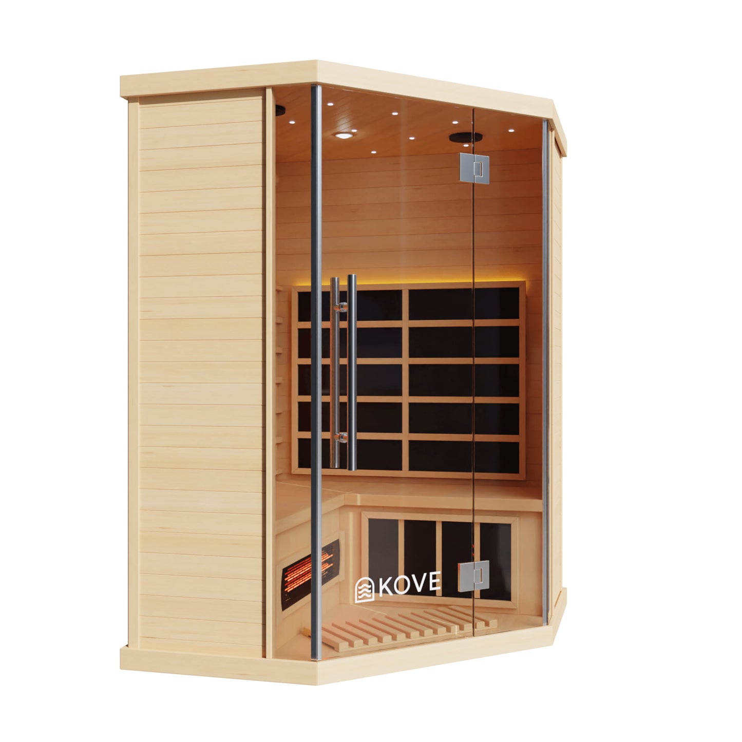 Infrared sauna with wooden exterior and glass door, featuring the Kove brand.