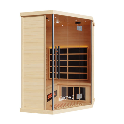 Infrared sauna with wooden exterior and glass door, featuring the Kove brand.