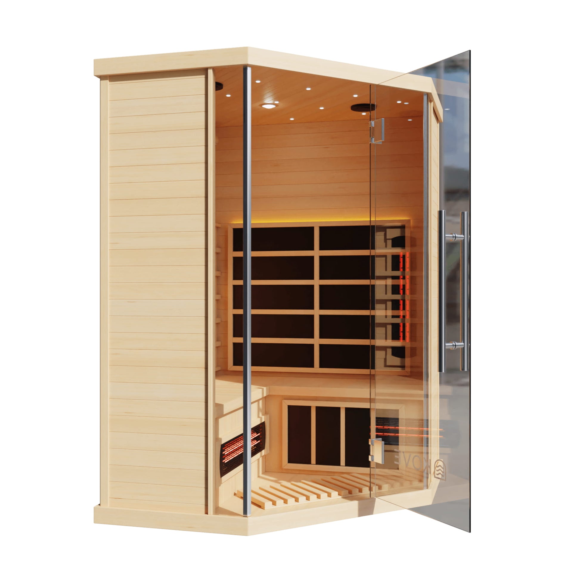 Wooden sauna with glass door on a white background