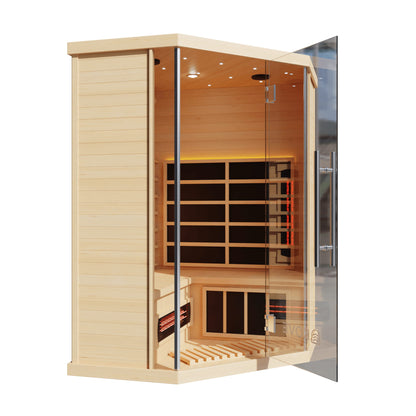 Wooden sauna with glass door on a white background