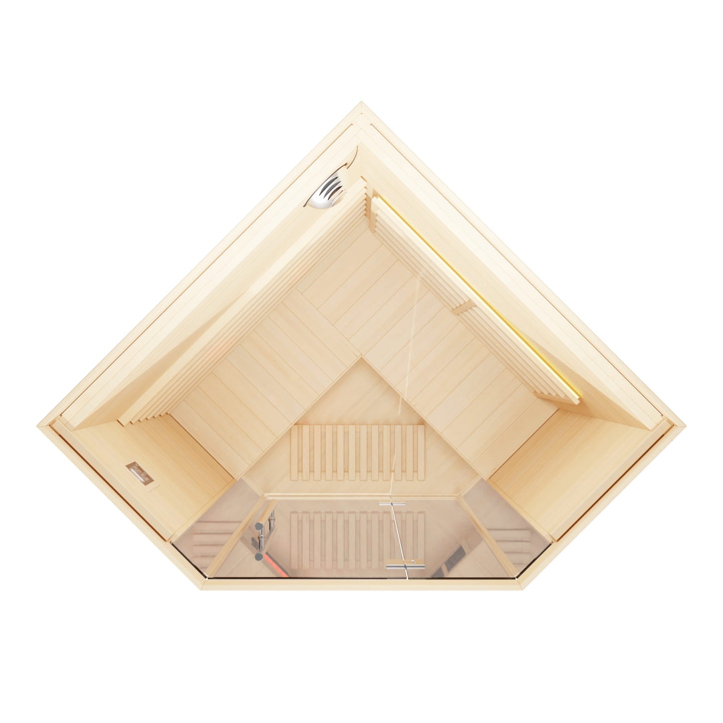 Aerial view of wooden sauna with a white background