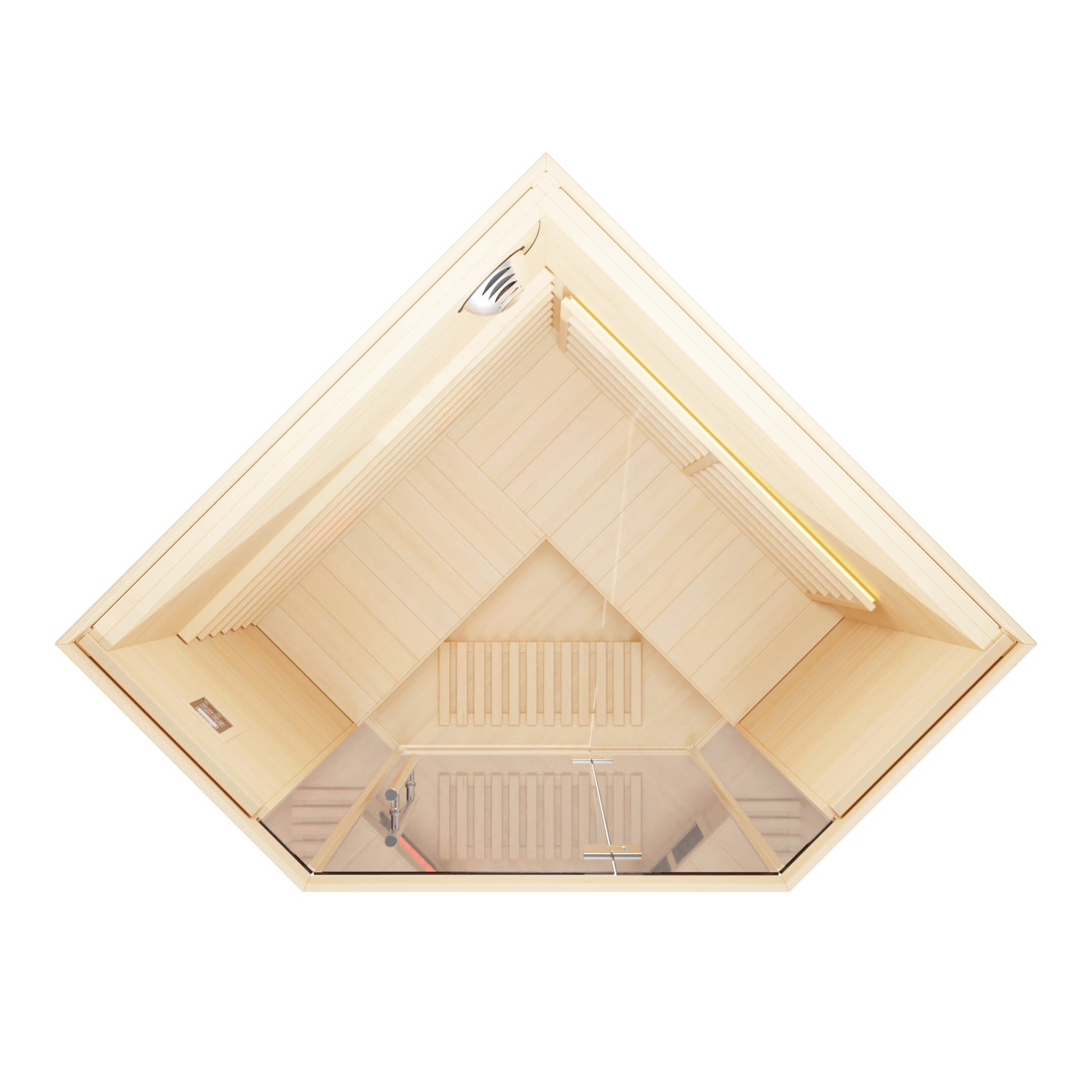 Aerial view of wooden sauna with a white background