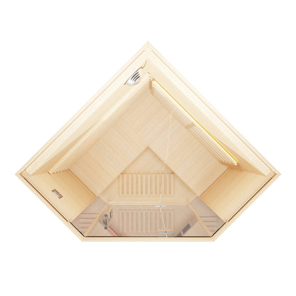 Aerial view of wooden sauna with a white background