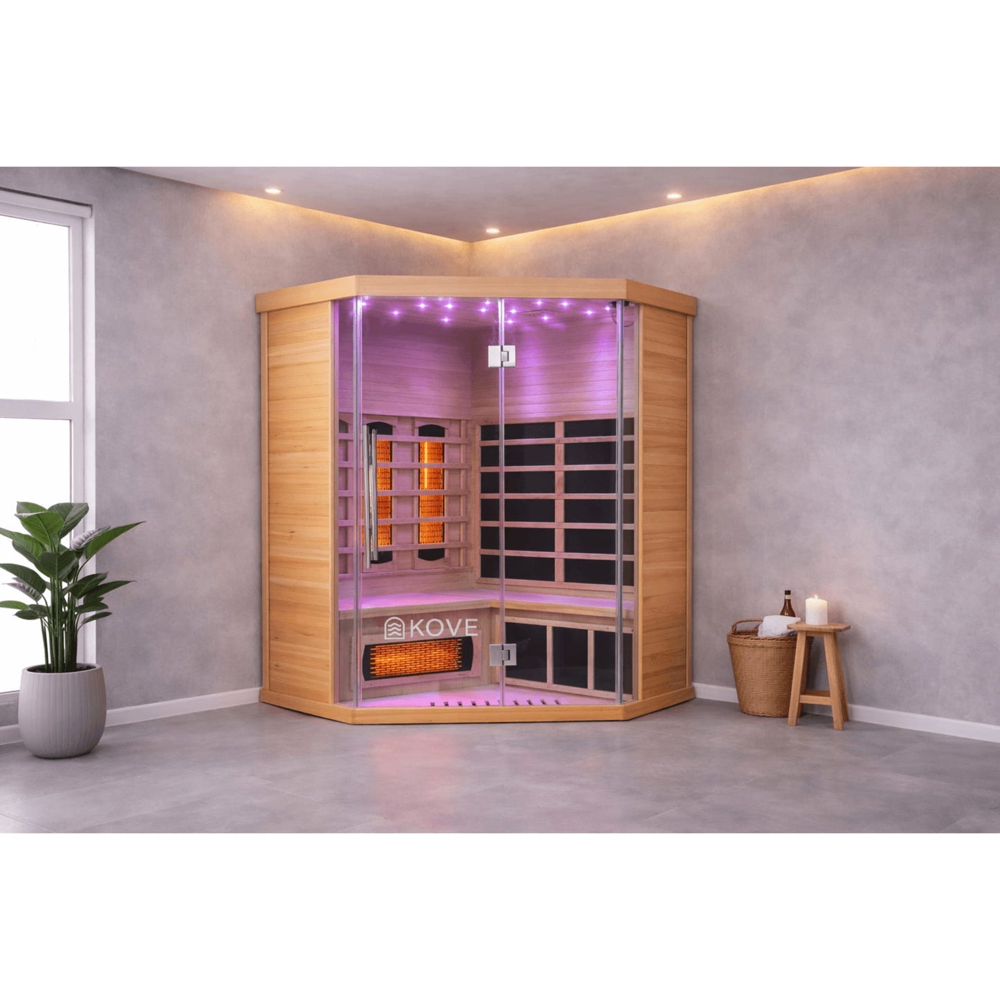 Infrared sauna with Kove branding in a modern room setting.