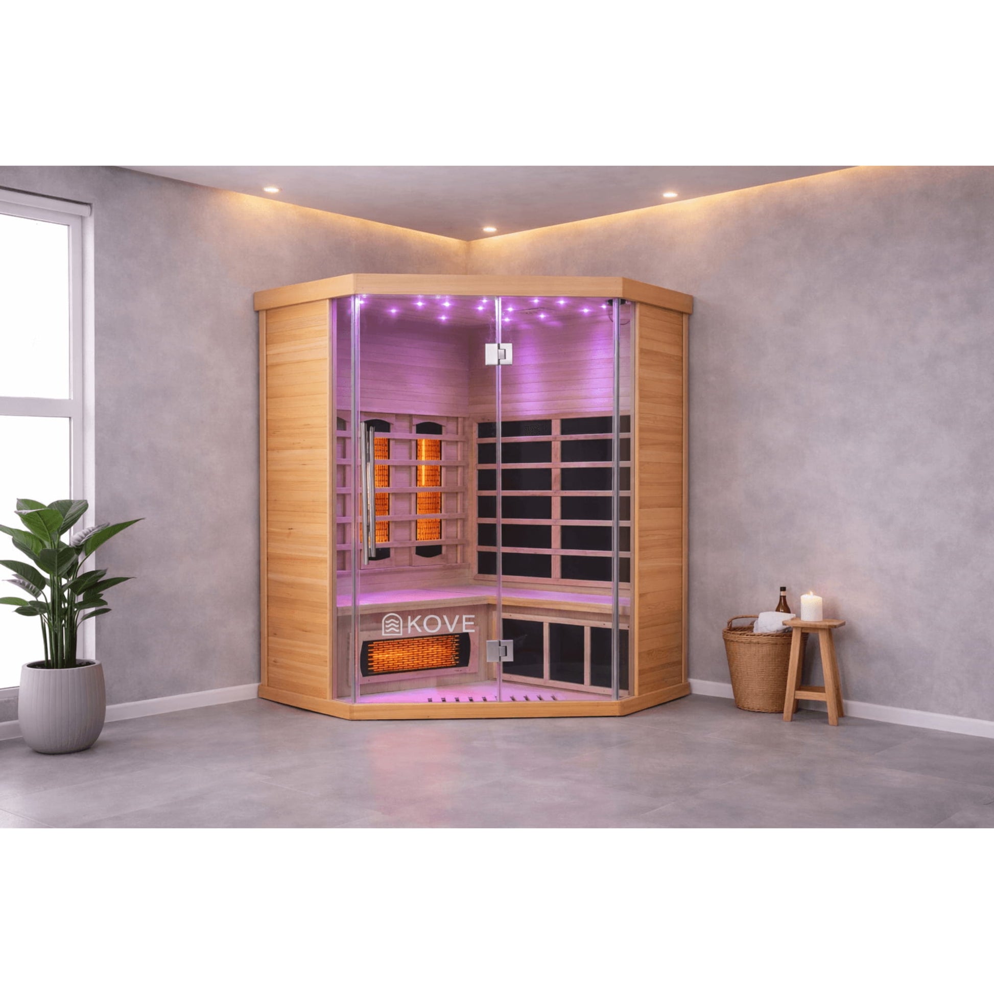 Infrared sauna with Kove branding in a modern room setting.