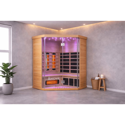 Infrared sauna with Kove branding in a modern room setting.