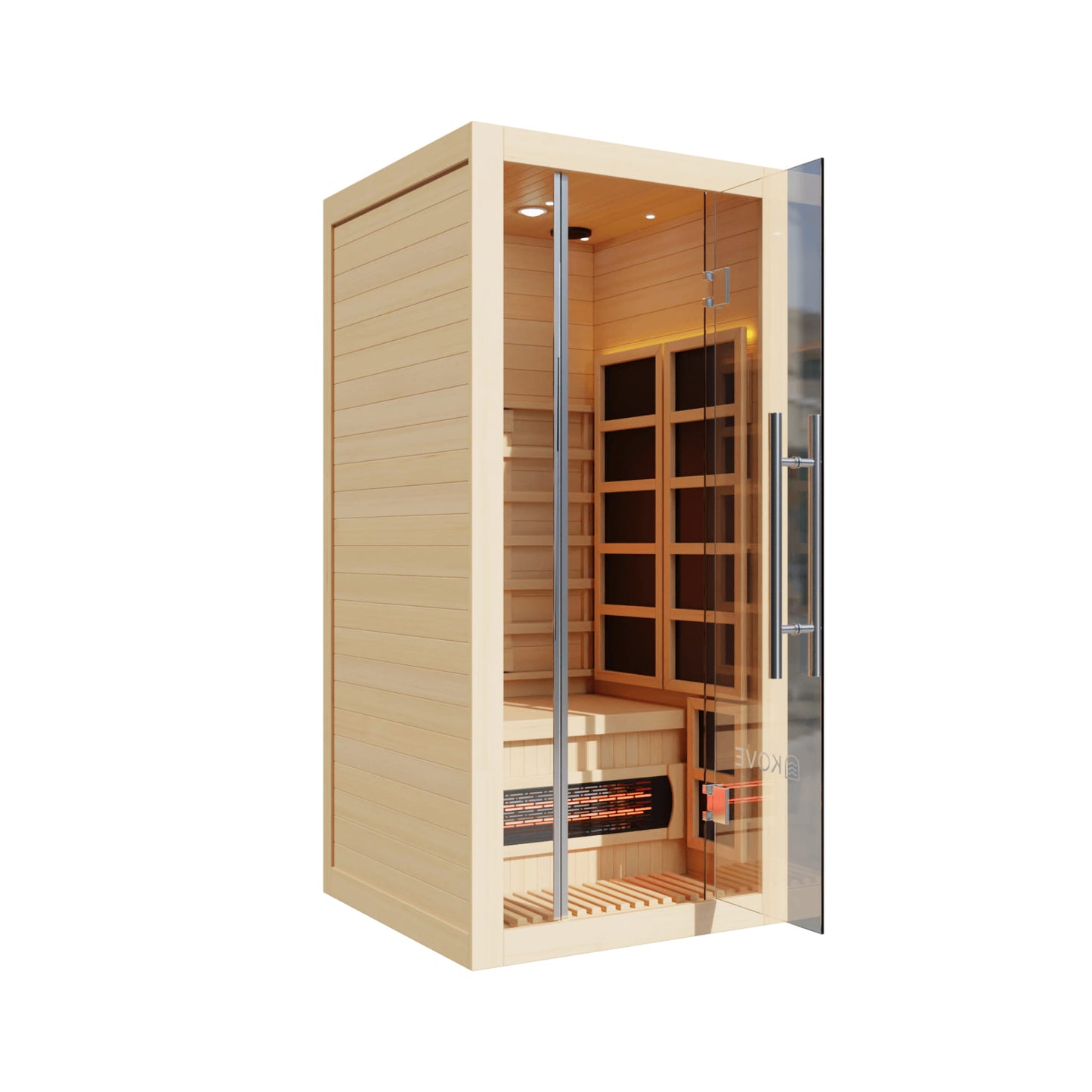 Wooden sauna with glass door on a white background