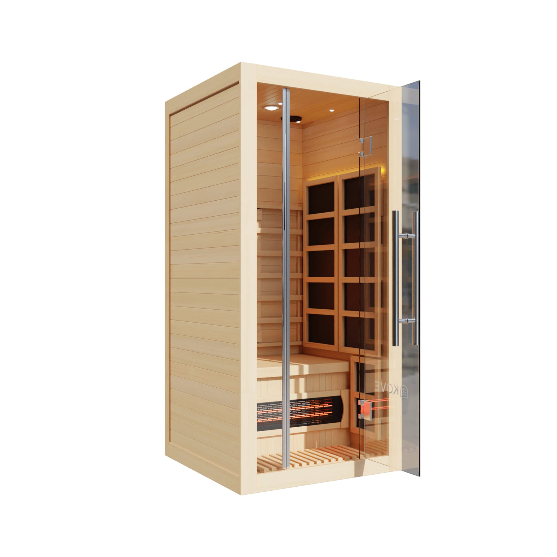 Wooden sauna with glass door on a white background
