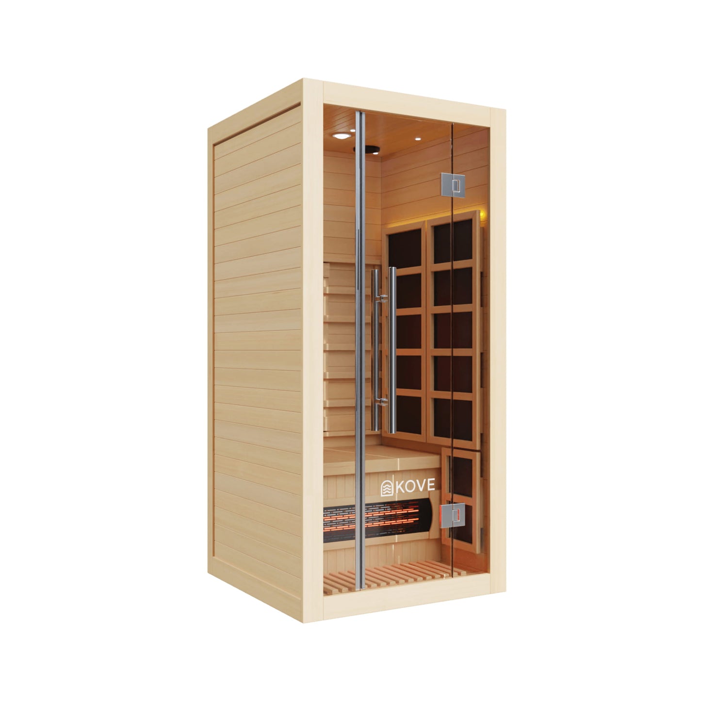 Infrared sauna with wooden exterior and glass door on a white background