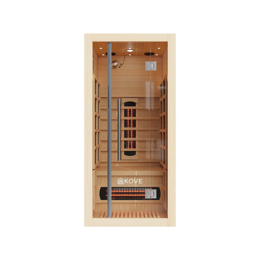 Infrared sauna with Kove branding on a white background