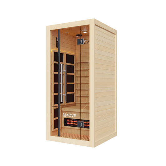 Infrared sauna with Kove branding on a white background