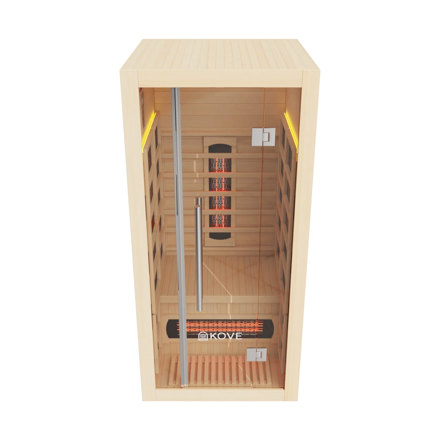 Infrared sauna with wooden interior and Kove branding on a white background