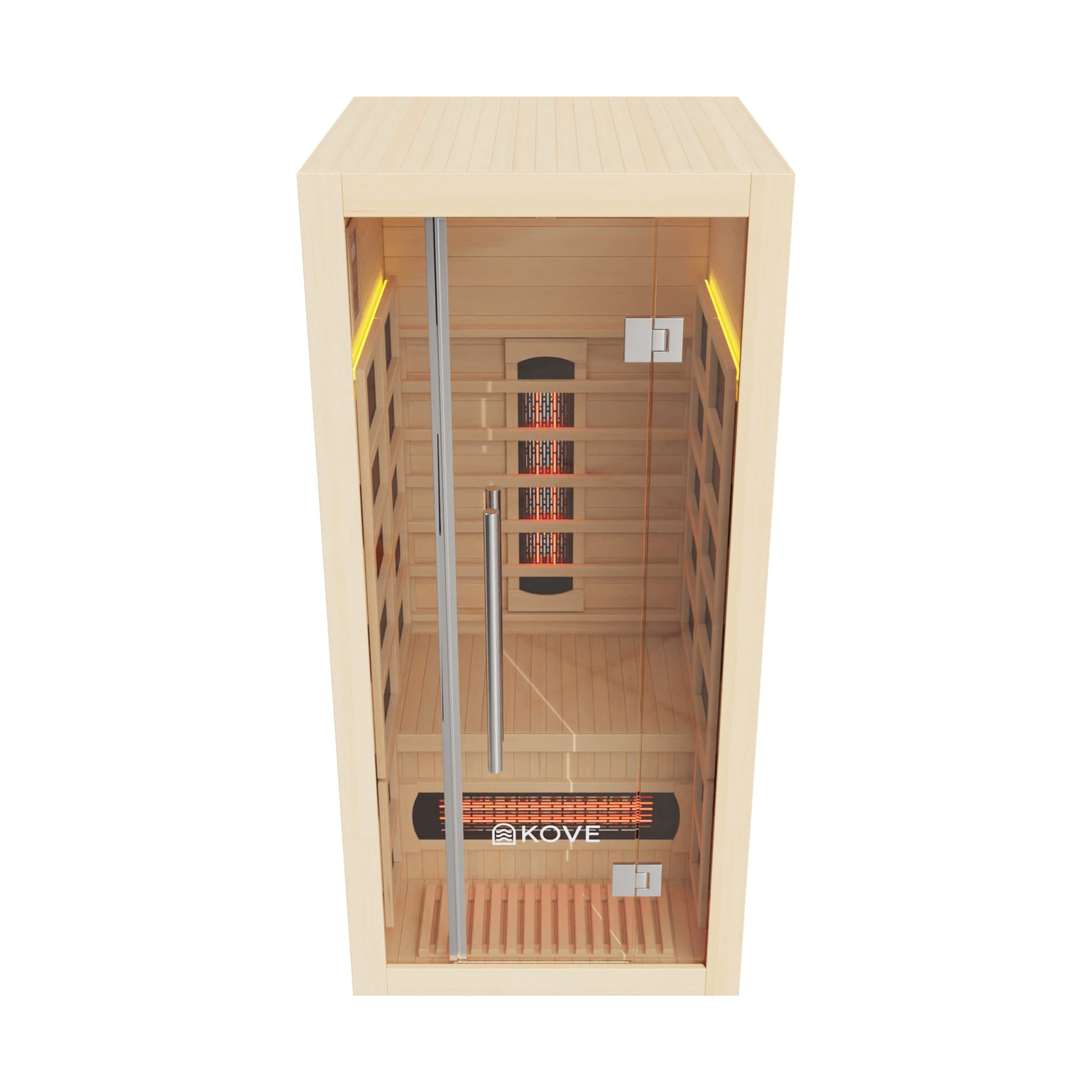 Infrared sauna with wooden interior and Kove branding on a white background