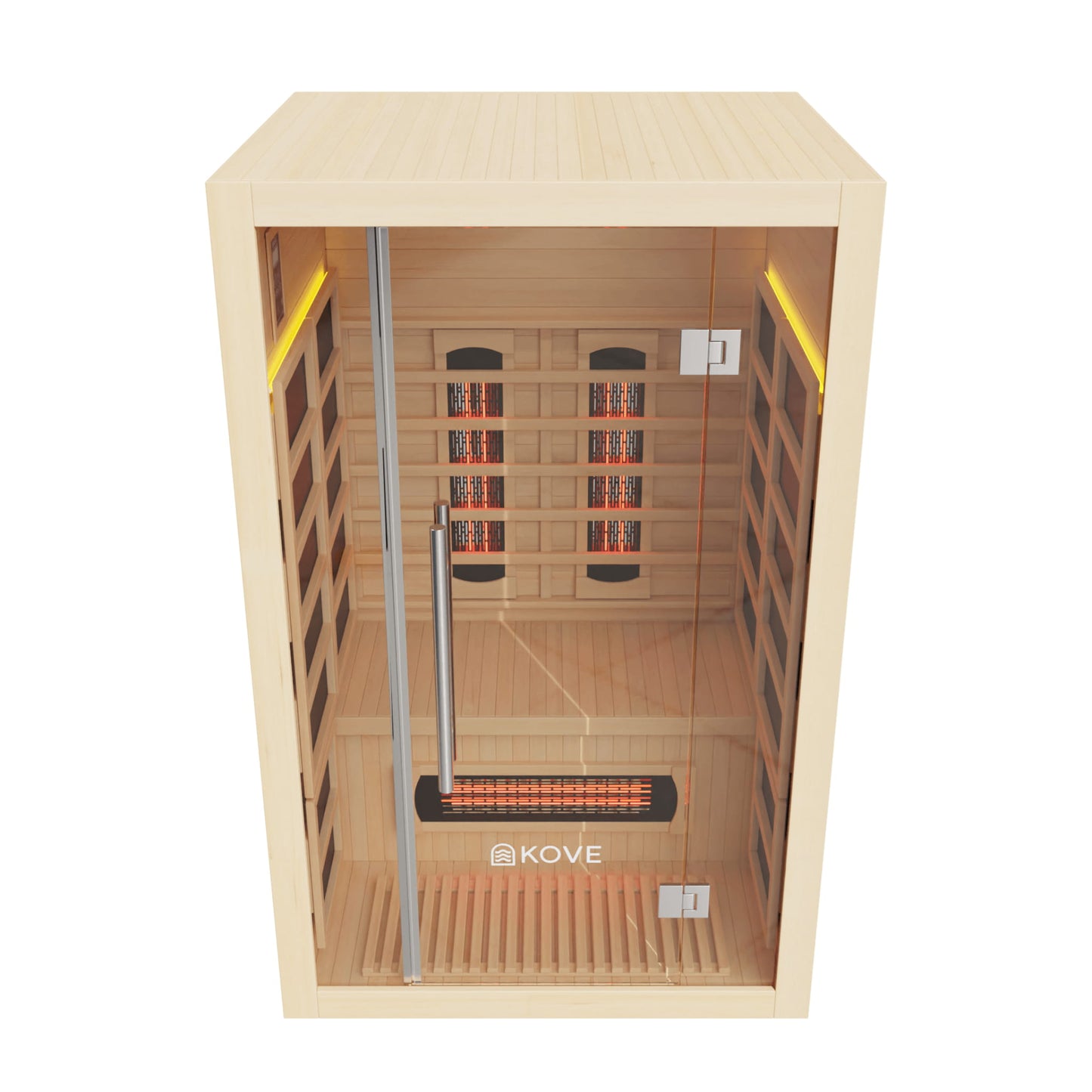 Infrared sauna with wooden interior and Kove branding on a white background