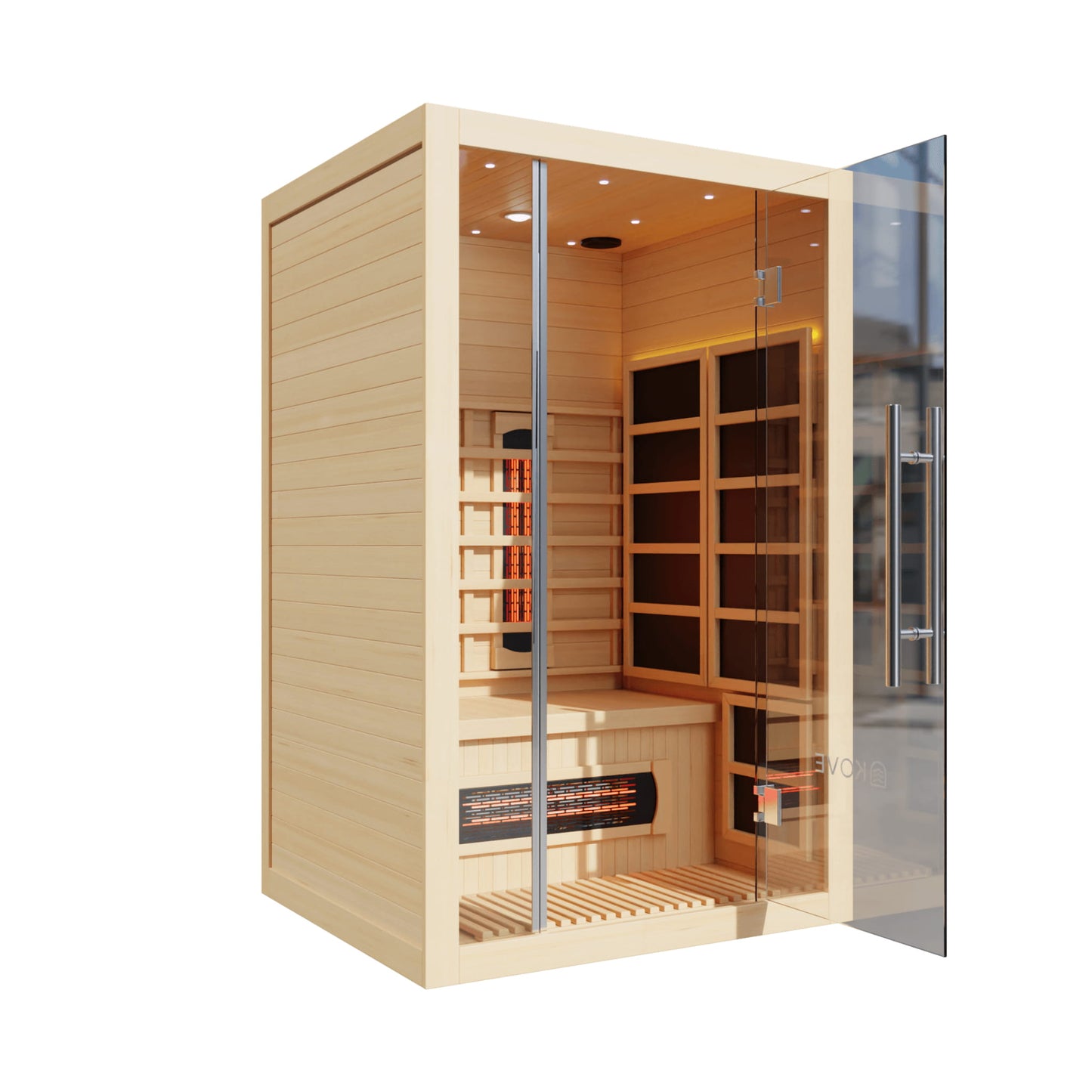 Wooden sauna with glass door on a white background