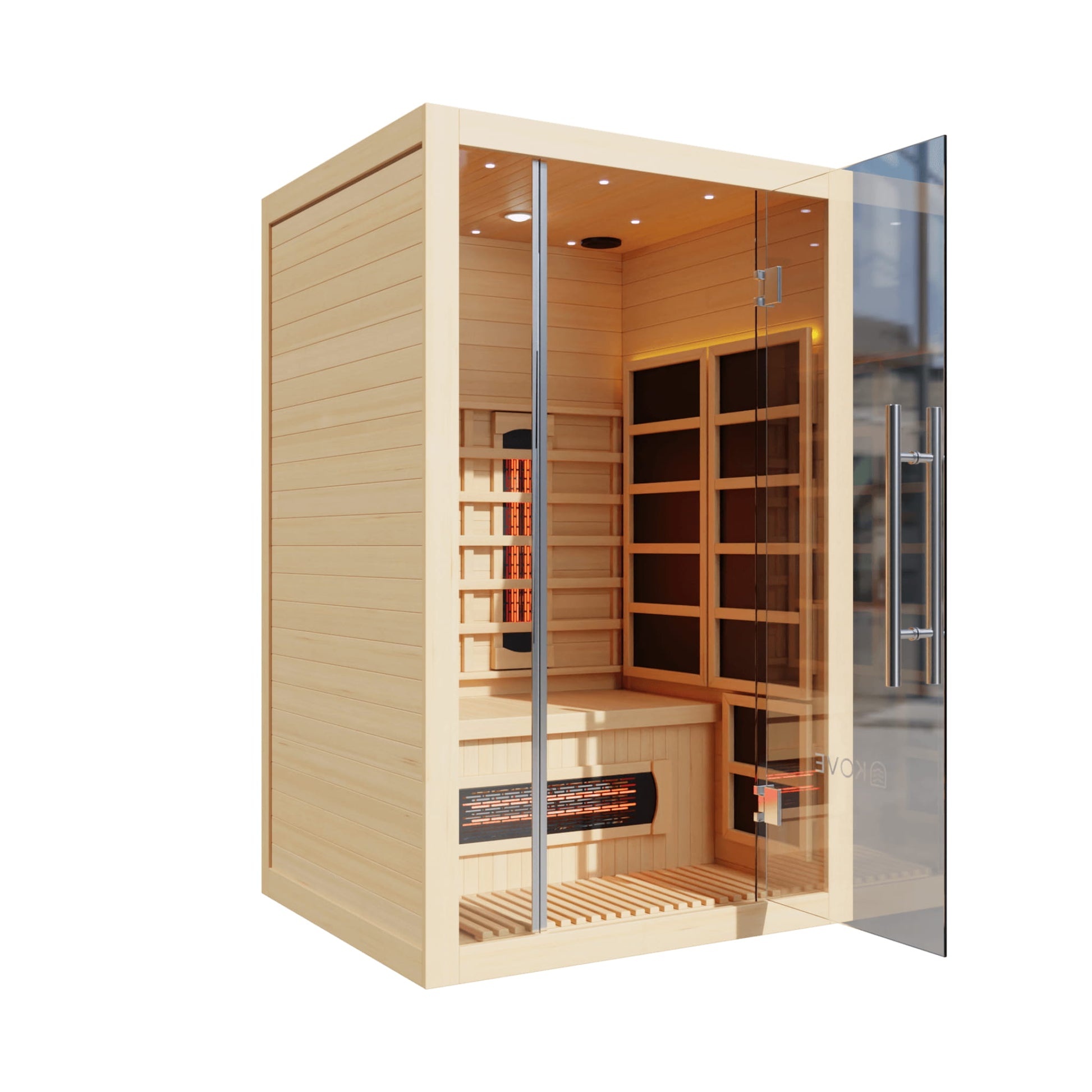 Wooden sauna with glass door on a white background
