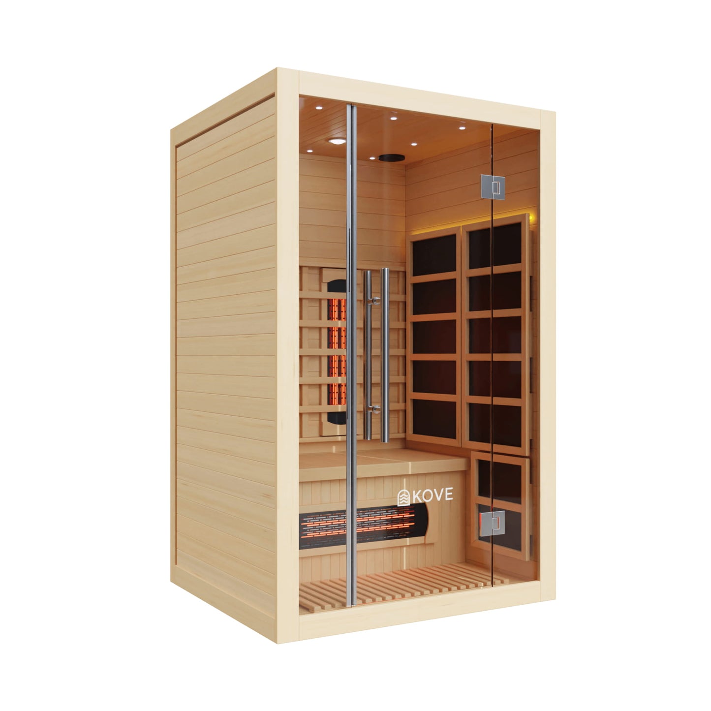 Infrared sauna with wooden interior and Kove branding on a white background