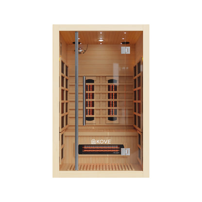Infrared sauna with wooden interior and Kove branding on a white background