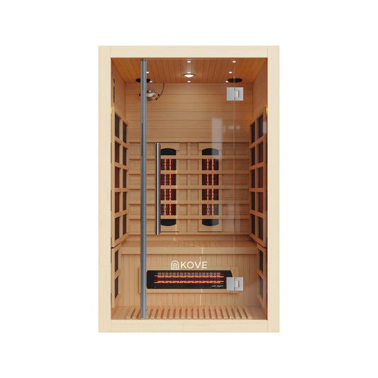 Infrared sauna with wooden interior and Kove branding on a white background