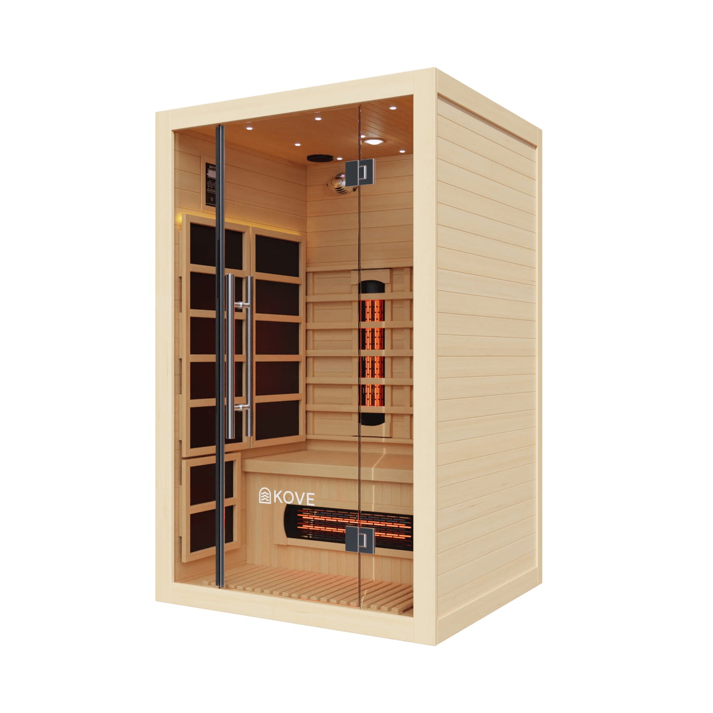 Infrared sauna with glass door and visible Kove branding on a white background
