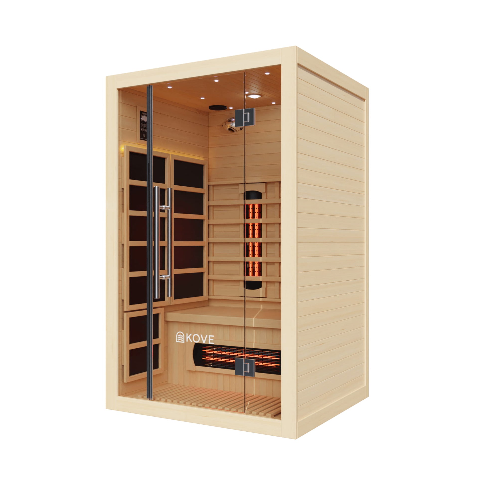 Infrared sauna with glass door and visible Kove branding on a white background