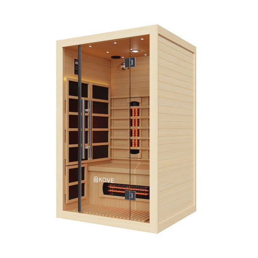 Infrared sauna with glass door and visible Kove branding on a white background