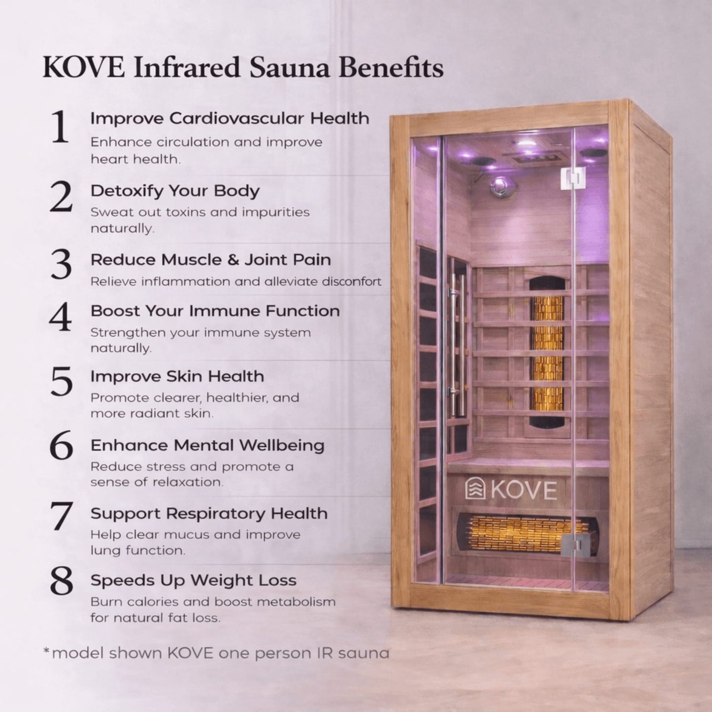 KOVE Infrared Sauna with benefits listed on a white background