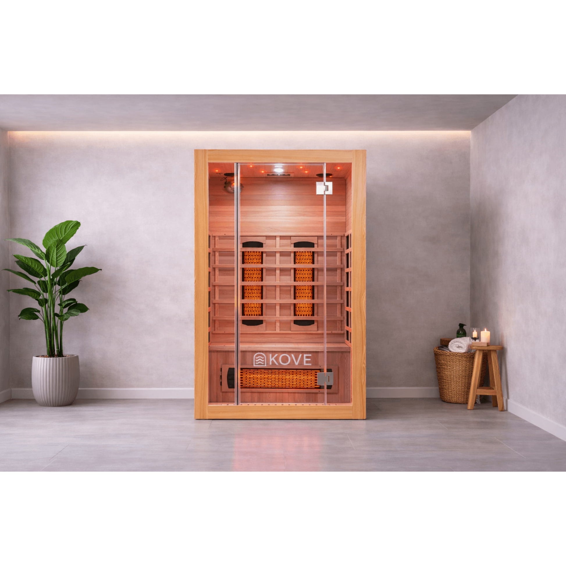 Infrared sauna with 'Kove' branding in a modern room setting.