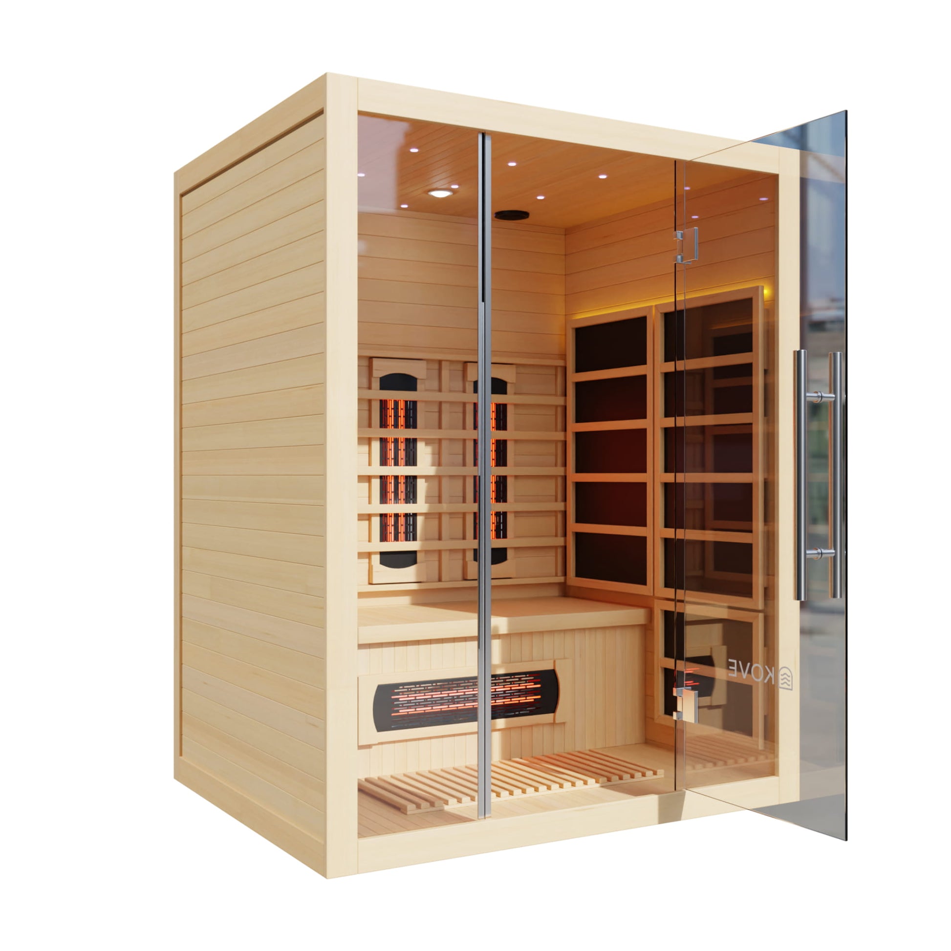 Wooden sauna with glass doors on a white background