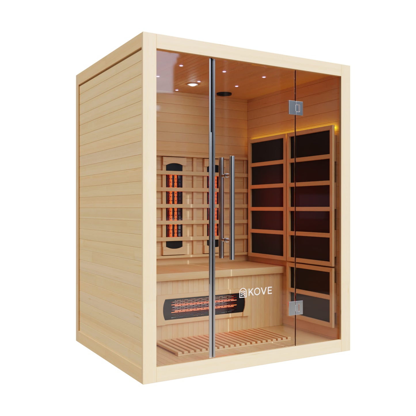 Infrared sauna with wooden interior and Kove branding on a white background