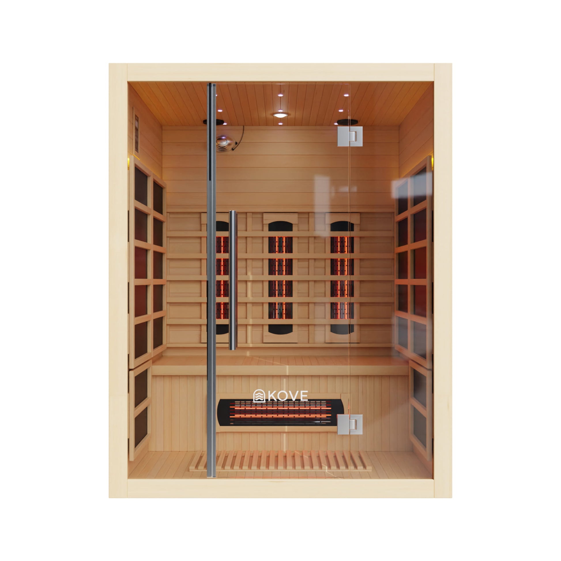 Infrared sauna with wooden interior and Kove branding on a white background