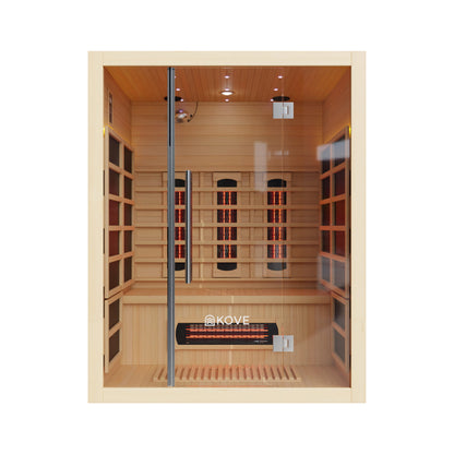 Infrared sauna with wooden interior and Kove branding on a white background