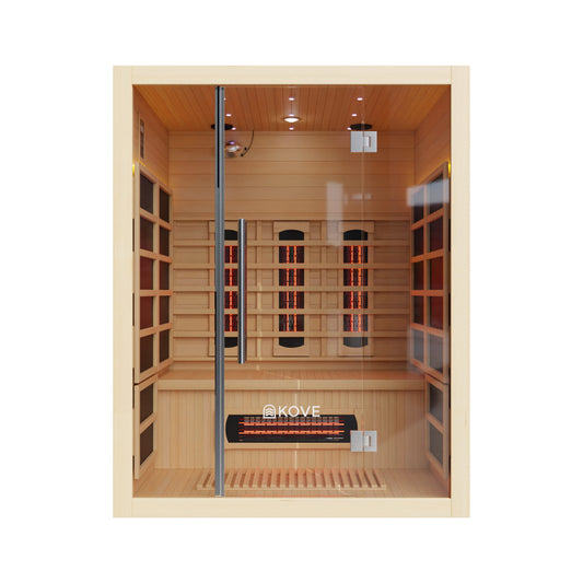 Infrared sauna with wooden interior and Kove branding on a white background
