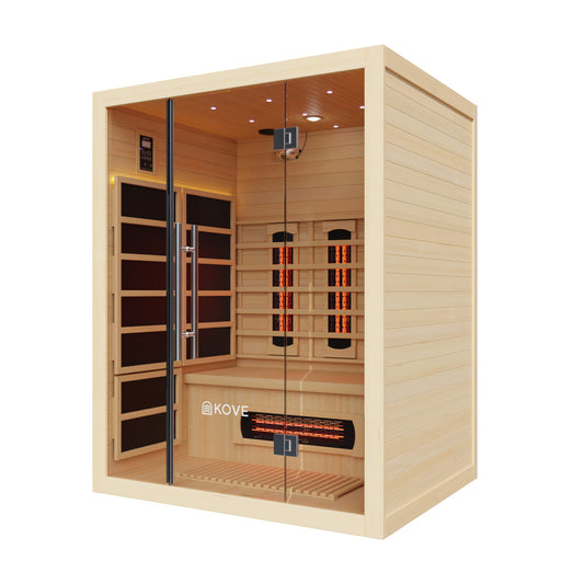 Infrared sauna with wooden interior and glass door, featuring the Kove brand.