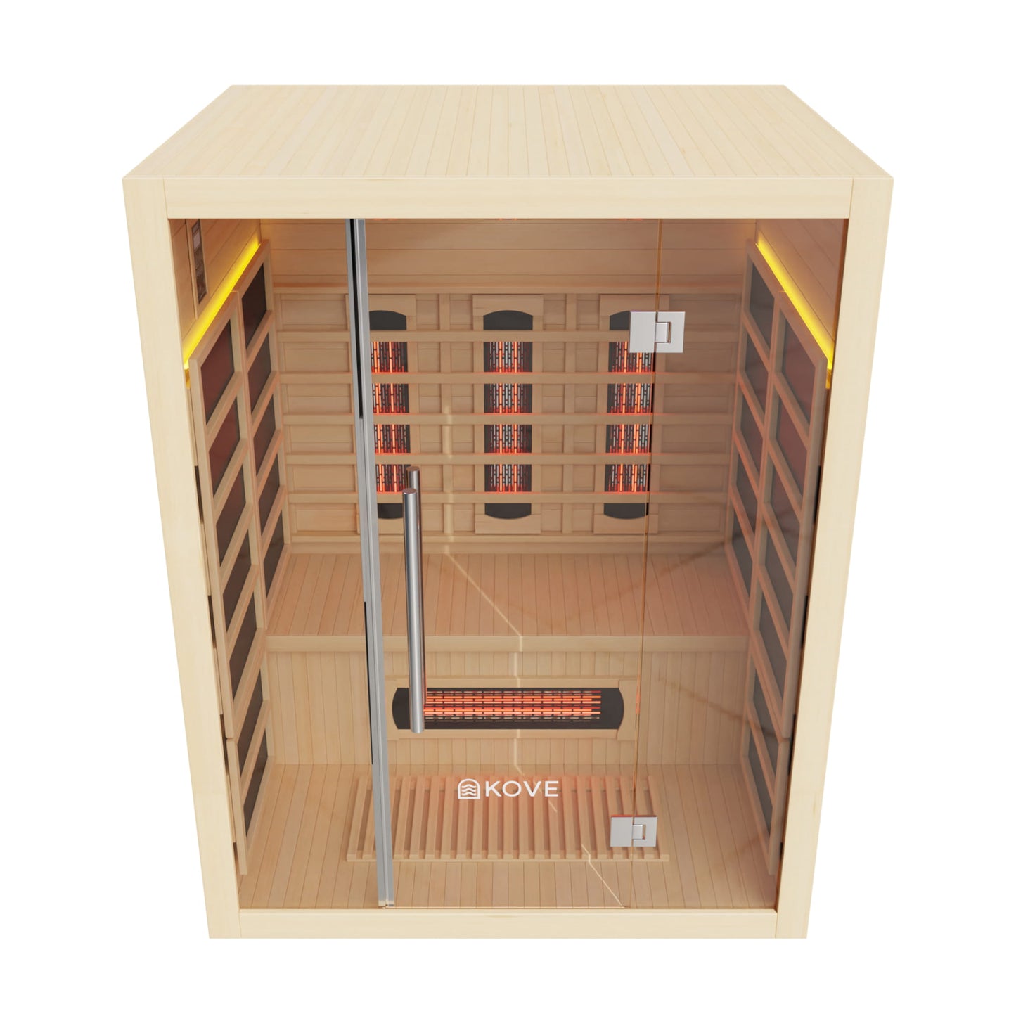 Infrared sauna with wooden interior and Kove branding on a white background