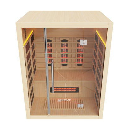 Infrared sauna with wooden interior and Kove branding on a white background