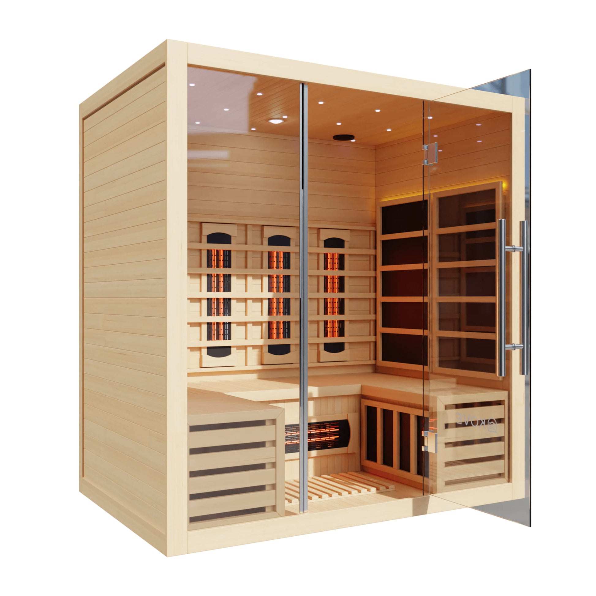 KOVE Infrared Sauna with door open on white background