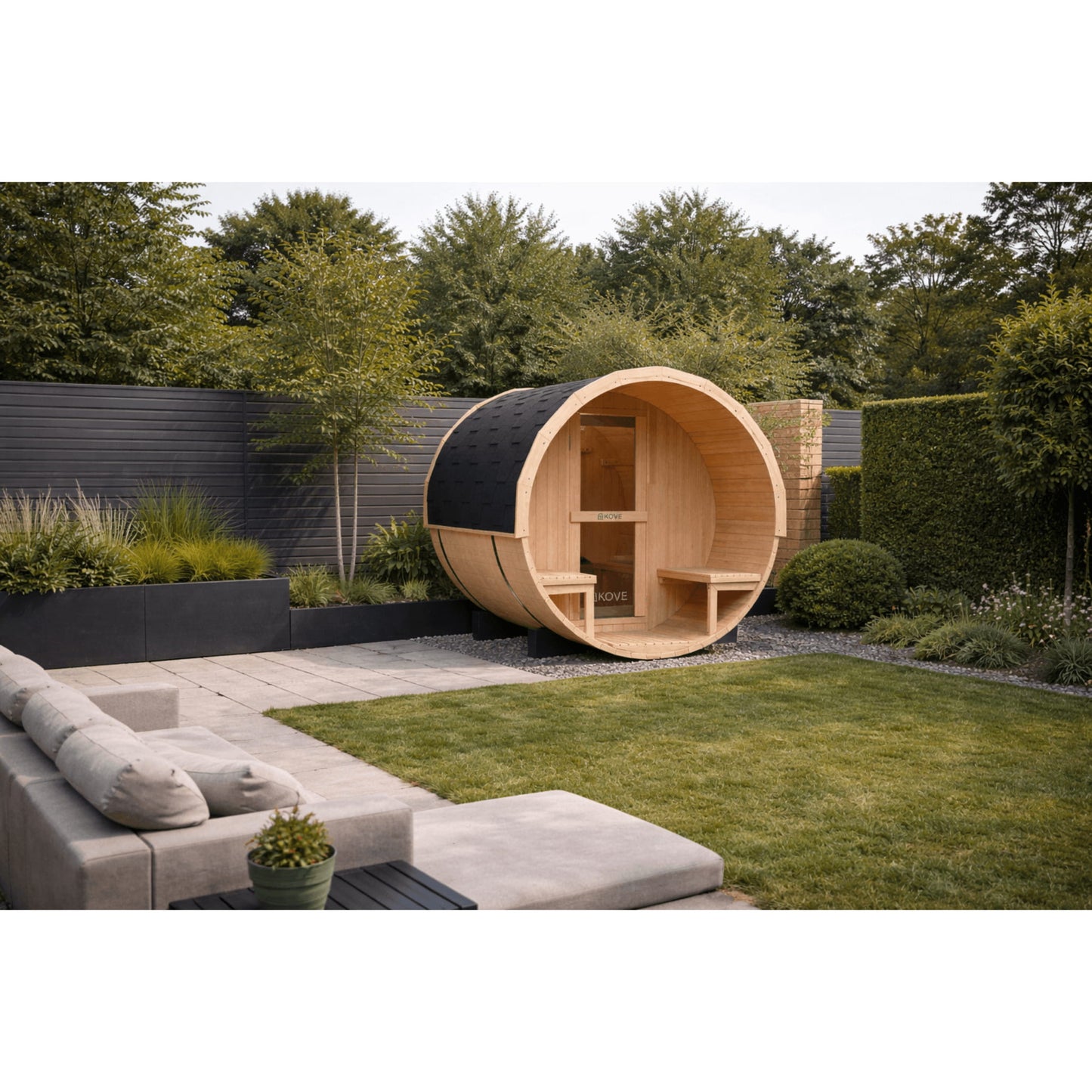 Wooden Kove Barrel Sauna in designer garden