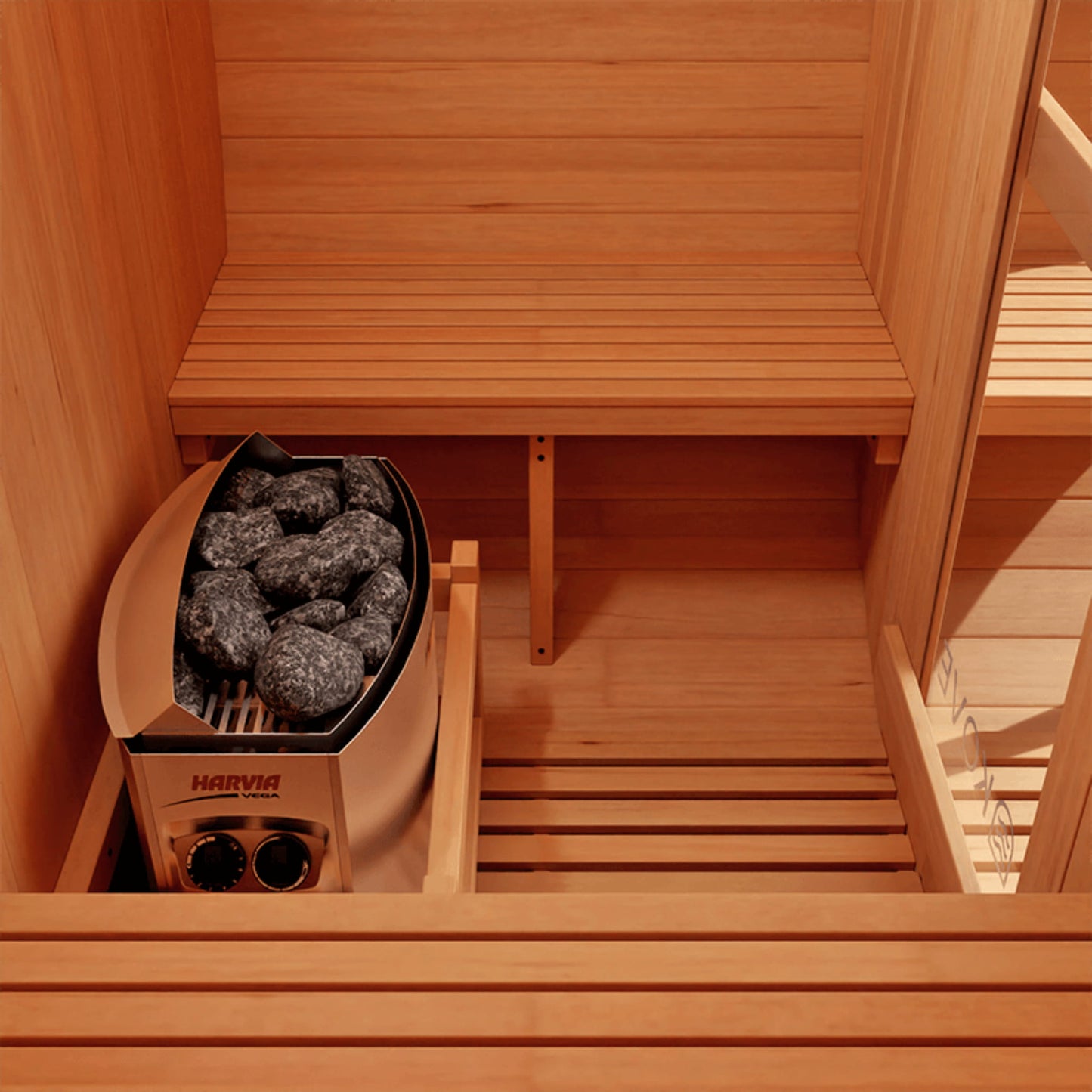 Wooden benches and heater in Kove Barrel Sauna