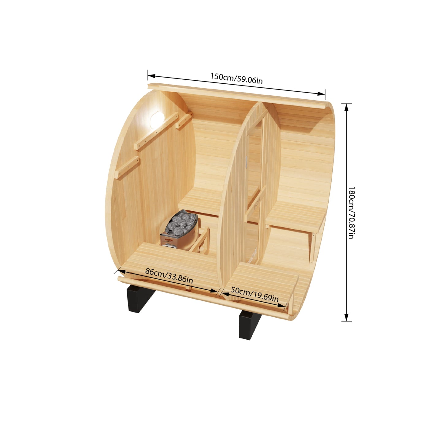 Mock up of inside of sauna with dimensions