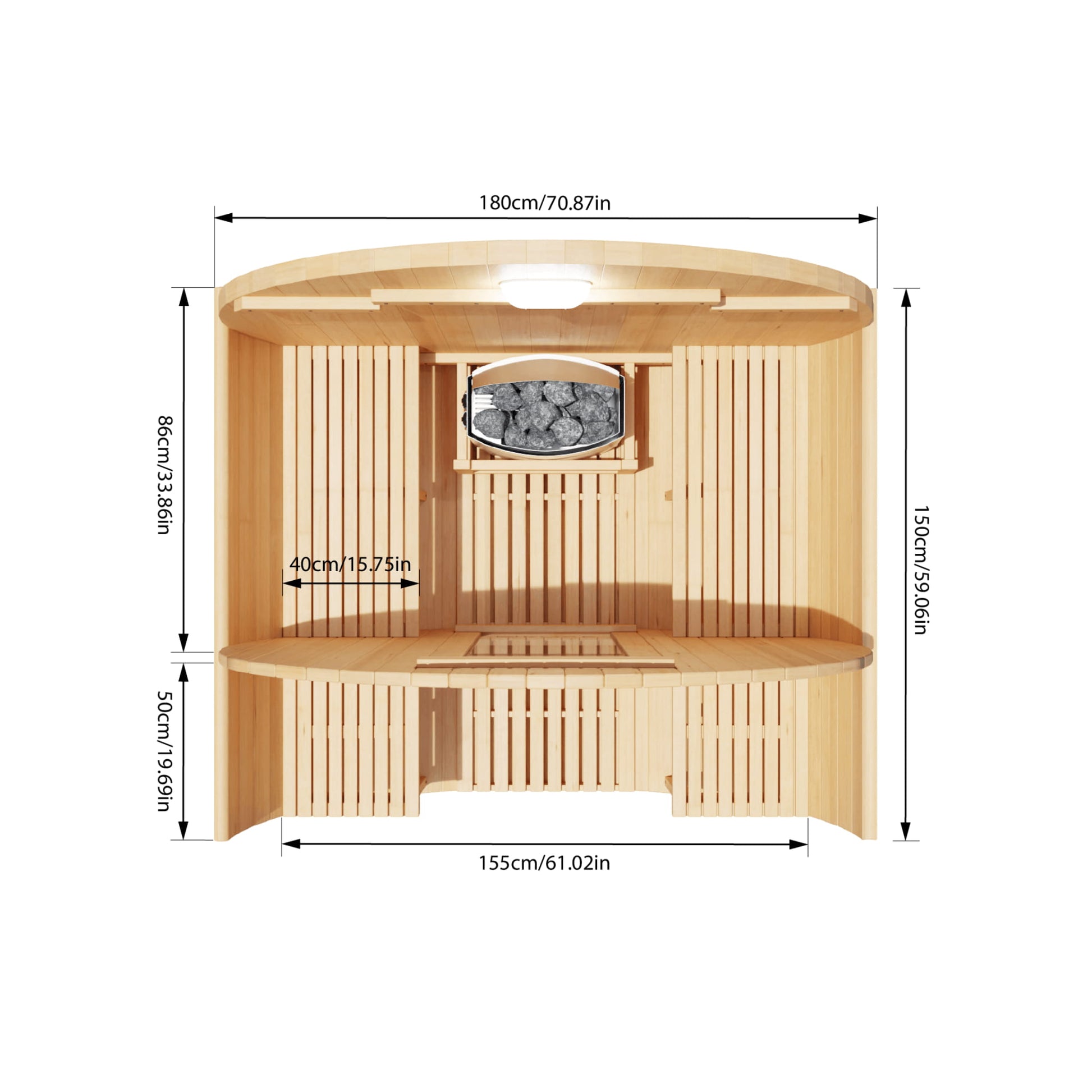 Mock up of aerial view showing inside of Sauna and dimensions