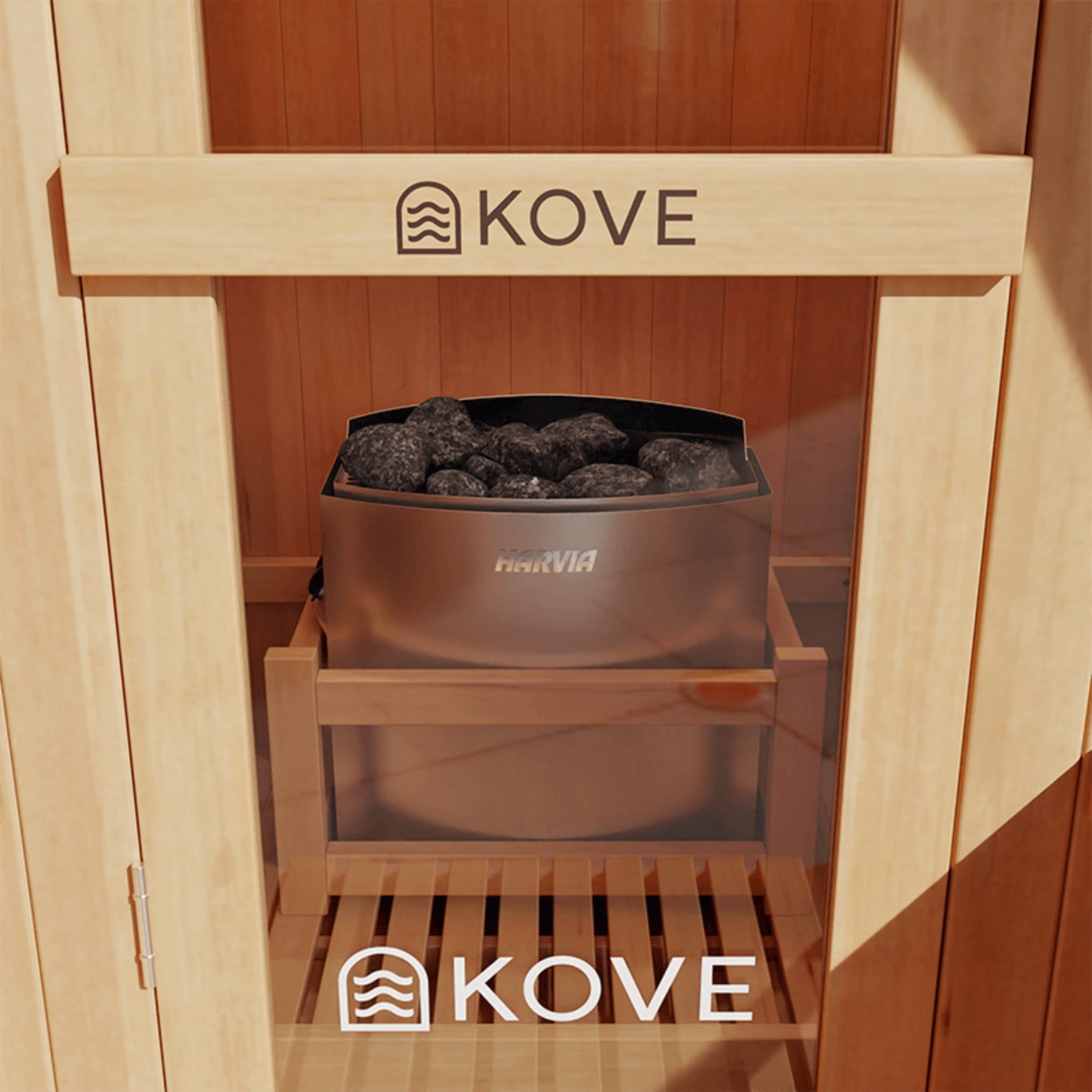 Glass door of Sauna with Kove branding and heater inside with Harvia branding