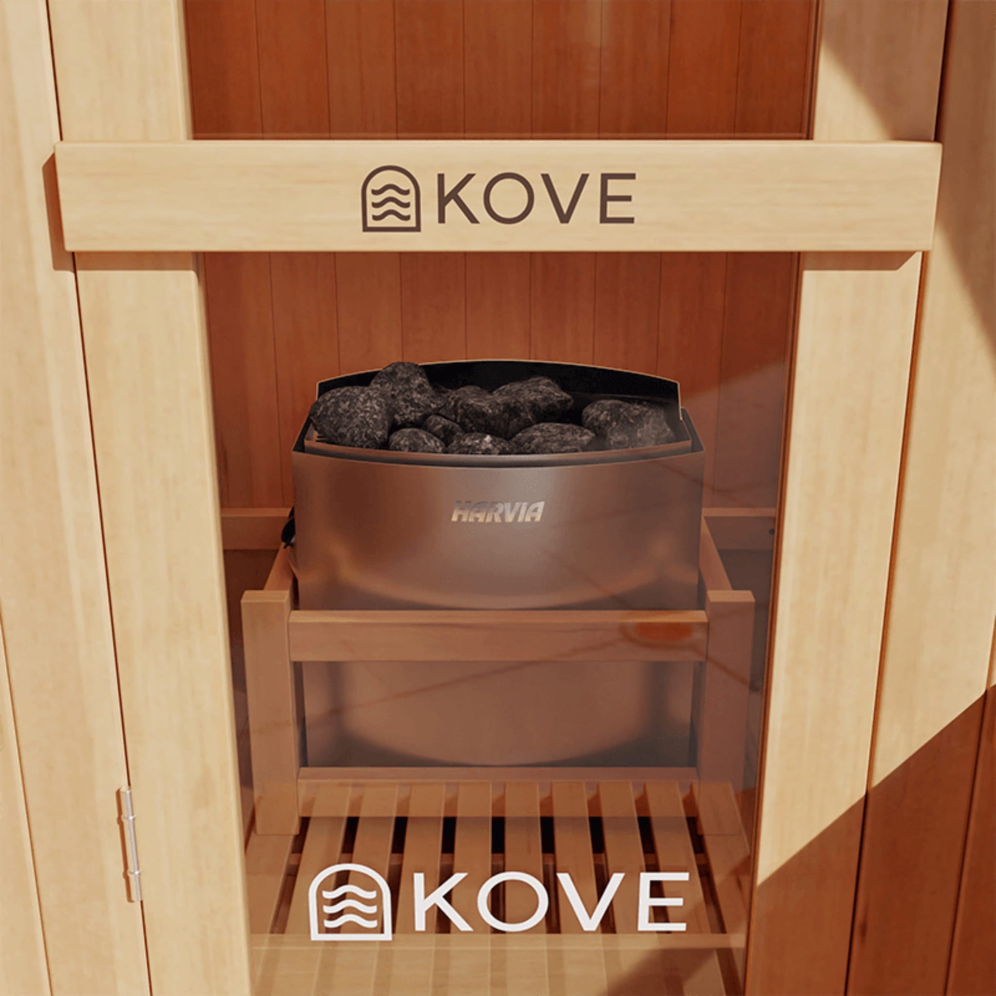 Glass door of Sauna with Kove branding and heater inside with Harvia branding