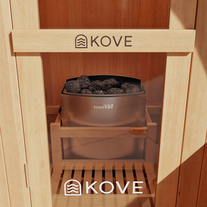 Glass door of Sauna with Kove branding and heater inside with Harvia branding